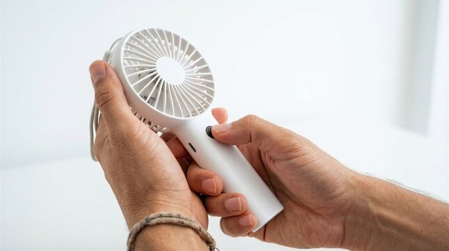 Heatwave Relief Concept, Close Up of Person Hands Holding White Portable Handheld Fan Against Plain Background