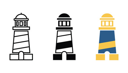 Lighthouse coastal navigation icon set featuring tall sea beacon symbols in outline solid and blue yellow color flat styles for maritime travel or nautical themed graphic design © TARU STOCKPLC