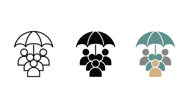 People under umbrella protection icon set featuring group of individuals and security symbols in outline solid and teal color flat styles for insurance or family care design projects