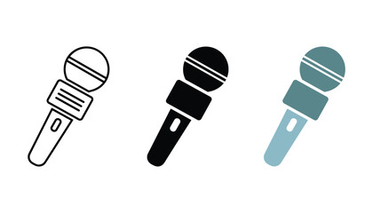 Set of three handheld microphone icons featuring outline glyph and flat colored design styles for broadcasting or podcasting projects isolated on a clean white background for design © TARU STOCKPLC