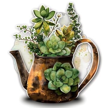 Watercolor vintage rusty teapot planter with green succulents and plants sticker