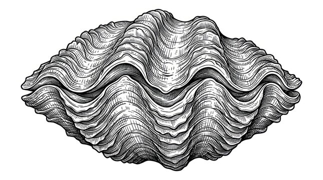 Detailed black and white engraving of a giant clam shell on a white background