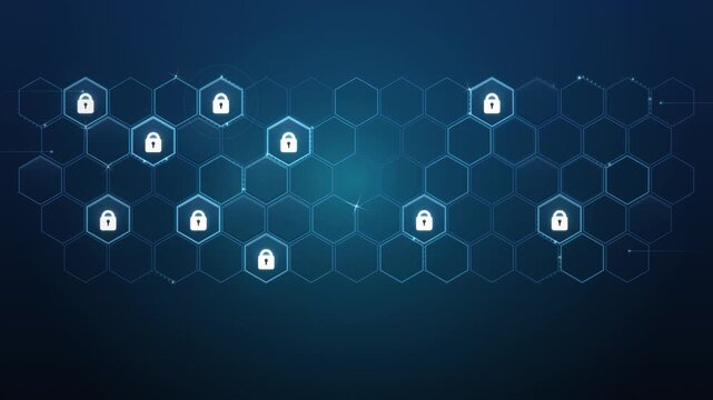 Cyber security padlock hexagon honeycomb grid network technology background loop