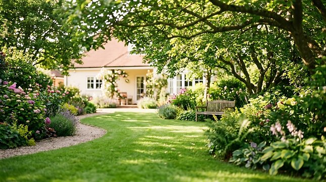 Beautiful lush green garden with a wooden bench on a grassy lawn in front of a cozy house during a sunny summer day