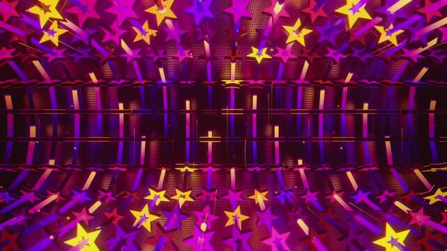 Seamless VJ loop with glowing neon stars abstract structure and psychedelic motion for high-tech club visuals, electronic music festivals, stage screens and for LED video walls