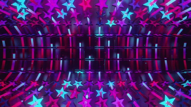 Seamless VJ loop with glowing neon stars abstract structure and psychedelic motion for high-tech club visuals, electronic music festivals, stage screens and for LED video walls
