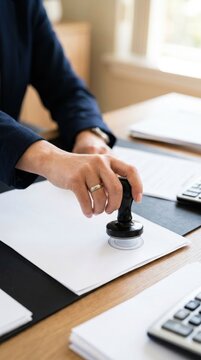 Person stamping legal document on desk