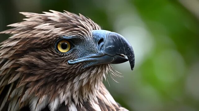 Detailed profile of eagle head featuring sharp hooked beak with textured blue cere, golden eye, and layered brown plumage against soft bokeh green forest background.
