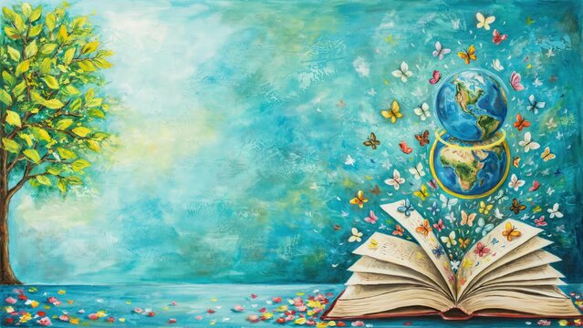Artistic oil painting of an open book with butterflies and planet earth emerging from a page next to a green tree