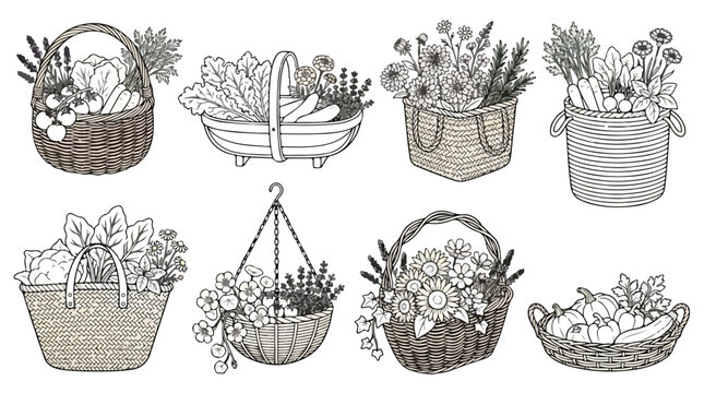 Vintage garden basket vector set, hand drawn harvest baskets with flowers and vegetables, rustic wicker hamper collection, 8 black and white icons