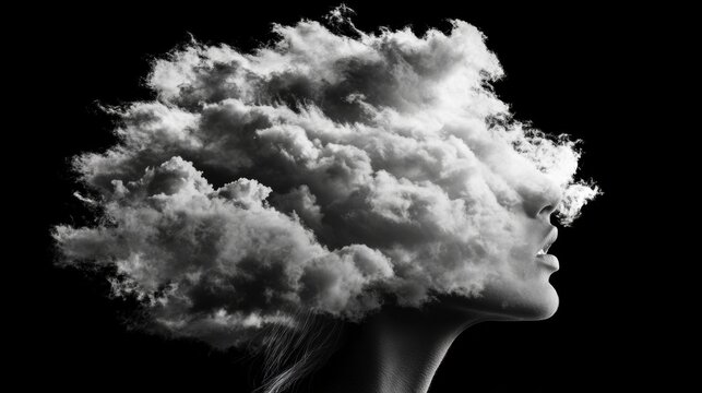 Monochrome portrait of a woman's face obscured by a cloud formation, suggesting thought or introspection.