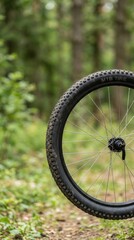 Naklejka premium Mountain bike wheel in forest