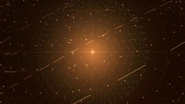 Glowing orange energy sun sphere with particles and light rays space background loop
