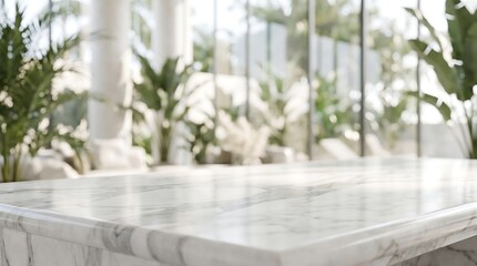 Fototapeta premium White marble table surface mockup in sunny tropical garden room for product presentation and luxury backdrop design.