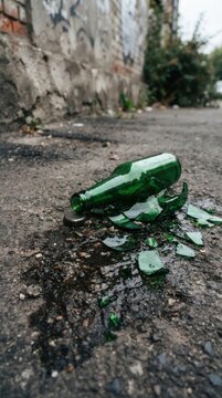 Broken green glass bottle on asphalt