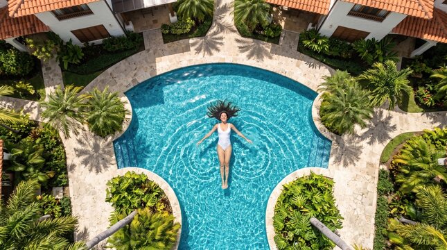 Aerial view of woman floating on back in curved resort pool, surrounded by palm trees, tropical plants, stone deck, and villas with terracotta roofs. No text