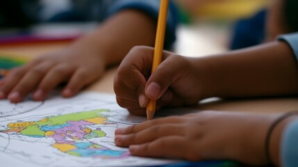 Naklejka premium A child s hands coloring a world map with a pencil during an educational activity at a desk