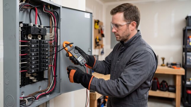 Electrician Testing Electrical Breaker Panel with Digital Clamp Meter