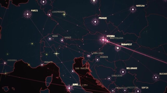Digital earth cyber attack network at night over Europe red alert technology background loop