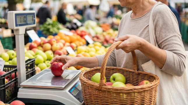 Customer weighing apples at digital scale with wicker basket at community farmers market shopping