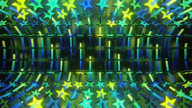 Seamless VJ loop with glowing neon stars abstract structure and psychedelic motion for high-tech club visuals, electronic music festivals, stage screens and for LED video walls