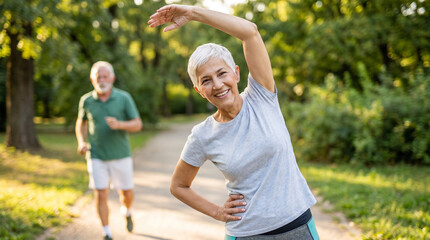 Obraz premium Senior woman stretching her arm while exercising outdoors, with a man jogging on a path surrounded by green trees in a park
