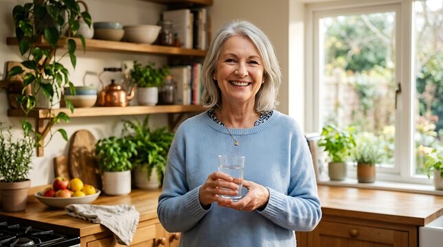 Happy senior woman holding a glass of water standing in a cozy green kitchen with plants and natural window light