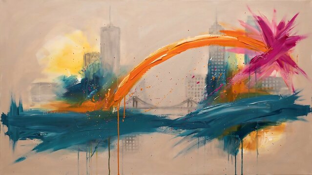 Abstract cityscape painting with a bridge and colorful brushstrokes on a beige background