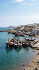 Fototapeta premium Traditional wooden dhow boats in a coastal harbor