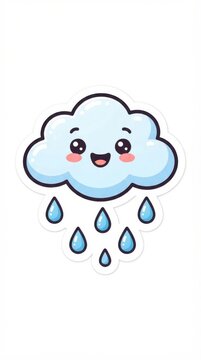 Cute cartoon cloud with happy face and falling raindrops