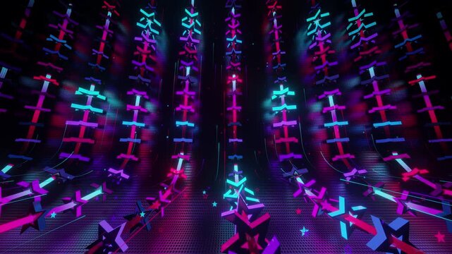 Seamless VJ loop with glowing neon stars abstract structure and psychedelic motion for high-tech club visuals, electronic music festivals, stage screens and for LED video walls