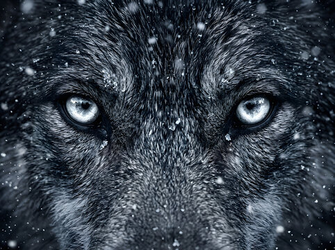 Intense Gaze Of A Wild Wolf With Piercing Silver Eyes During A Winter Blizzard And Snowstorm