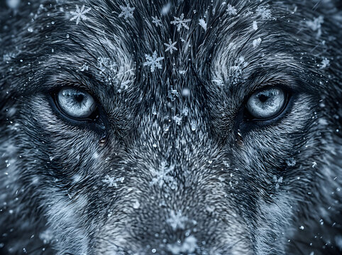 Intense Close Up Of Wolf Eyes During A Heavy Winter Snowstorm With Piercing Blue Gaze And Falling Snowflakes