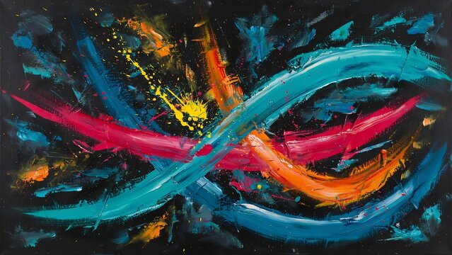 Abstract oil painting with layered colorful brushstrokes and paint splatters on a black background