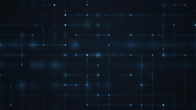 Blue digital circuit board with glowing connection lines and data pulses background loop