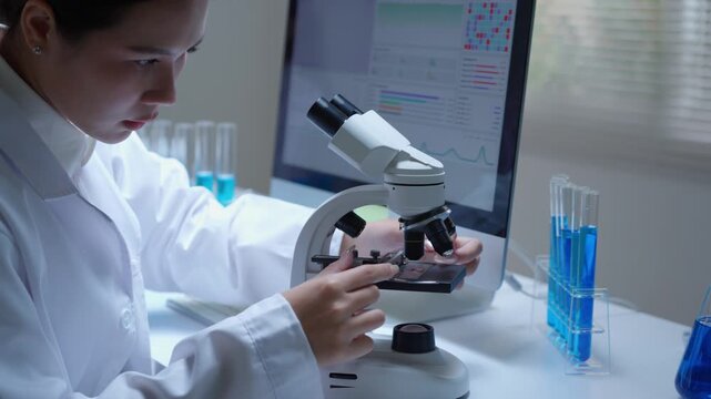 Female scientist using a microscope for medical research and analyzing data on a computer screen in a modern science laboratory