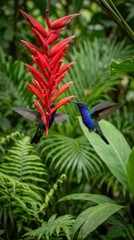 Fototapeta premium Hummingbirds feeding on heliconia flower in rainforest