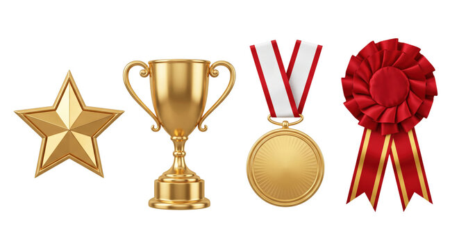 Gold star trophy medal and red ribbon award set