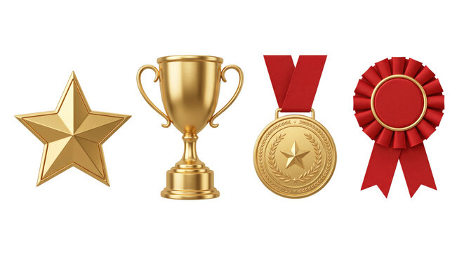 Golden award star trophy gold medal and ribbon set