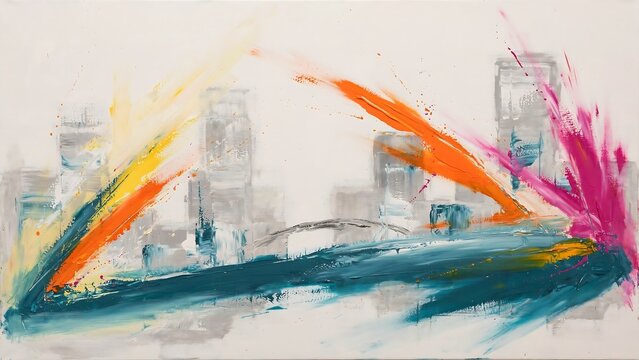 Abstract oil painting with vibrant orange and pink brushstrokes over a grey cityscape silhouette