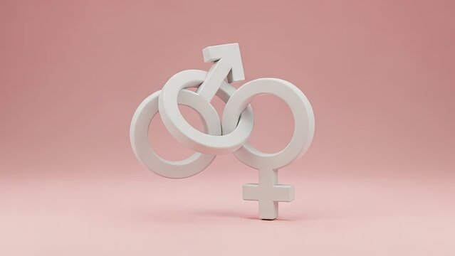 Interlocking white gender symbols on soft pink background.
