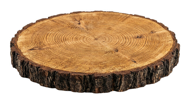 Natural rustic circular wooden log slice with rough textured bark edge high quality 4K PNG image in white background
