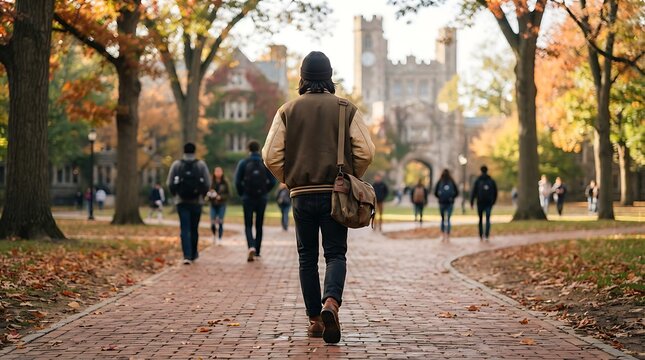 Young student walking on brick path in college campus during fall season with vintage architectural buildings in background view.