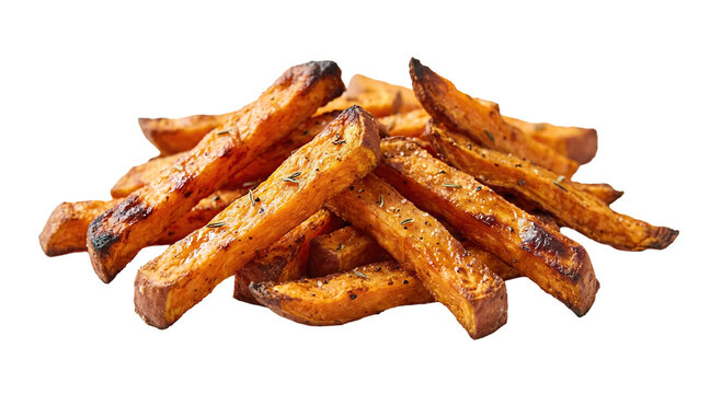 Heap of crispy golden fried sweet potato wedges with herbs high quality 4K PNG image in white high quality 4K PNG image in white background