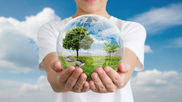 Child holding a transparent globe with green trees and grass against a cloudy blue sky