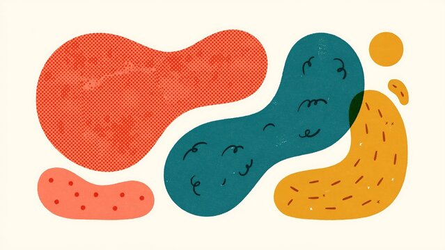 Colorful abstract shapes with halftone patterns and hand drawn scribbles on a cream background