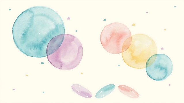 Colorful watercolor circles and small dots floating on a light cream background with soft pastel hues