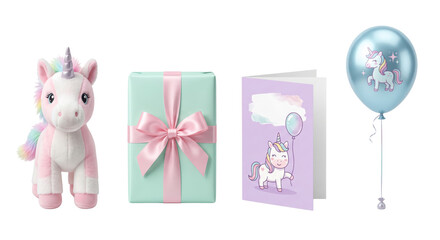 Birthday unicorn gift set with balloon and greeting card © PNG Lab