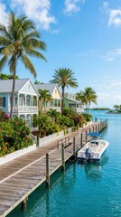 Fototapeta premium Coastal wooden dock with moored motorboat and colorful beach houses