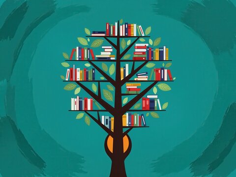 Illustration of a knowledge tree with books on shelves and green leaves